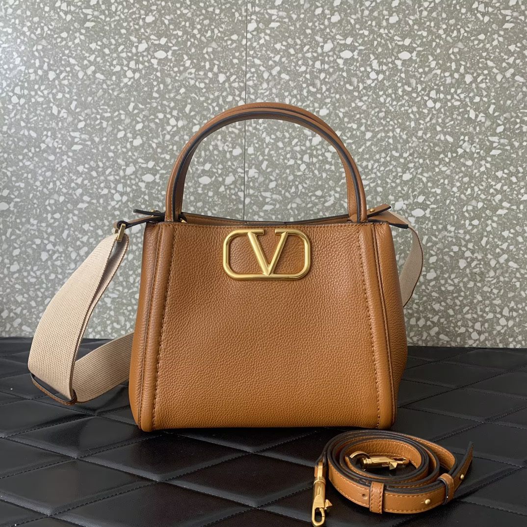 Valentino Garavani Alltime Medium Handbag in Brown Grainy Calfskin